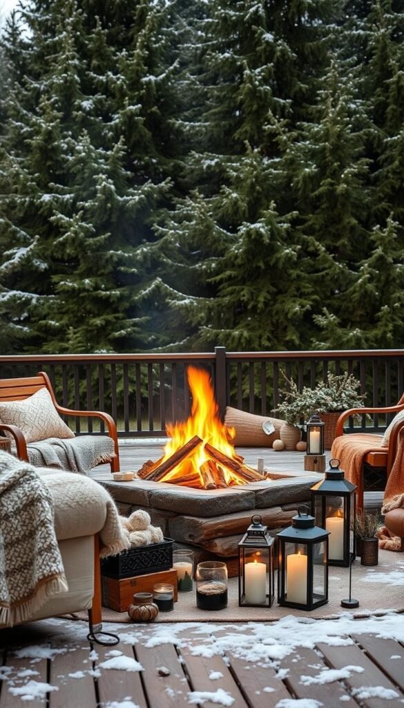 A cozy outdoor winter scene with a crackling fire pit at the center, surrounded by an array of seasonal decor elements. The fire pit casts a warm, flickering glow, illuminating plush textured throws, rustic wooden benches, and an assortment of decorative lanterns and candles. In the background, a lush evergreen forest provides a serene, wintry backdrop, with a light dusting of snow on the branches. The overall atmosphere is one of inviting comfort and hygge, enticing viewers to gather around the fire and embrace the joys of outdoor living, even in the colder months. A cozy outdoor winter scene with a crackling fire pit at the center, surrounded by an array of seasonal decor elements. The fire pit casts a warm, flickering glow, illuminating plush textured throws, rustic wooden benches, and an assortment of decorative lanterns and candles. In the background, a lush evergreen forest provides a serene, wintry backdrop, with a light dusting of snow on the branches. The overall atmosphere is one of inviting comfort and hygge, enticing viewers to gather around the fire and embrace the joys of outdoor living, even in the colder months.