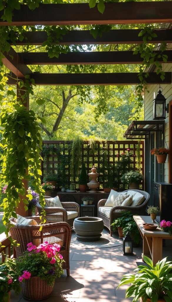 A cozy patio with lush greenery, vibrant blooms, and rustic accents. Dappled sunlight filters through a canopy of trees, casting a warm, inviting glow. Comfortable outdoor furniture, such as wicker chairs and a plush sofa, invites relaxation. Planters overflowing with trailing vines and vibrant flowers line the edges, adding pops of color. A wooden pergola or trellis frames the scene, creating a sense of enclosure and intimacy. Strategically placed lanterns or string lights heighten the summer ambiance, while a small fountain or water feature adds a soothing, tranquil element. The overall atmosphere is one of tranquility, where the boundaries between indoor and outdoor living blur, creating a harmonious and rejuvenating summer retreat.