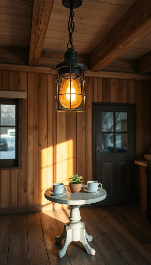 A cozy rustic winter kitchen, bathed in the warm glow of a vintage hanging light fixture. The fixture's weathered metal frame and amber glass shade cast a gentle, inviting light over the wood-paneled walls and exposed ceiling beams. A small round table in the center of the room is set with simple white plates and mugs, perfect for an intimate gathering. The light spills softly onto the worn wooden floor, creating a welcoming atmosphere that evokes the charm of a countryside cabin. A small potted plant on the table adds a touch of natural greenery, complementing the overall rustic aesthetic.