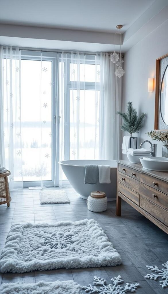 A cozy, snow-inspired bathroom adorned with frosty accents. The foreground features a plush, white bathmat and a set of pristine white towels folded neatly on a rustic wooden vanity. The middle ground showcases a large, freestanding bathtub surrounded by delicate snowflake-patterned curtains that gently sway in a soft, ambient light. In the background, a large window reveals a serene, snow-covered landscape, casting a cool, natural glow throughout the space. Subtle touches of silver, gray, and icy blue create a harmonious, wintery atmosphere, evoking a sense of tranquility and comfort on a chilly winter morning. A cozy, snow-inspired bathroom adorned with frosty accents. The foreground features a plush, white bathmat and a set of pristine white towels folded neatly on a rustic wooden vanity. The middle ground showcases a large, freestanding bathtub surrounded by delicate snowflake-patterned curtains that gently sway in a soft, ambient light. In the background, a large window reveals a serene, snow-covered landscape, casting a cool, natural glow throughout the space. Subtle touches of silver, gray, and icy blue create a harmonious, wintery atmosphere, evoking a sense of tranquility and comfort on a chilly winter morning.