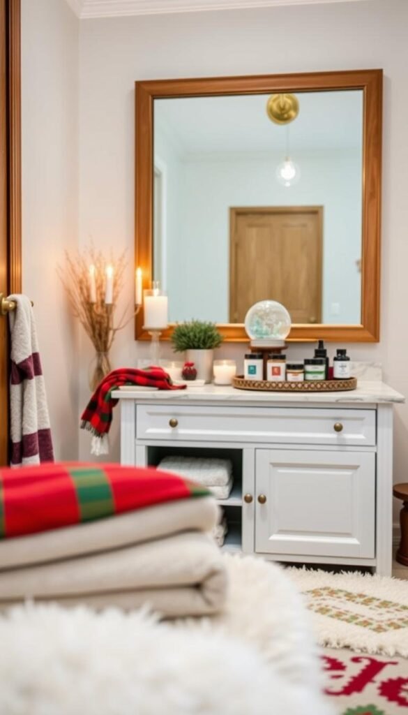 A cozy, spa-like bathroom scene with holiday-themed accessories. In the foreground, a plush bath mat in a festive red and green pattern, alongside a matching set of towels neatly folded. In the middle ground, a white ceramic vanity with a marble countertop, topped with an assortment of holiday-scented candles, a snow globe, and a decorative tray holding a variety of bath salts and oils. The background features a large mirror framed in warm, wooden tones, reflecting the soft, ambient lighting from a brass wall sconce. The overall atmosphere is serene, inviting, and evocative of a luxurious winter retreat. A cozy, spa-like bathroom scene with holiday-themed accessories. In the foreground, a plush bath mat in a festive red and green pattern, alongside a matching set of towels neatly folded. In the middle ground, a white ceramic vanity with a marble countertop, topped with an assortment of holiday-scented candles, a snow globe, and a decorative tray holding a variety of bath salts and oils. The background features a large mirror framed in warm, wooden tones, reflecting the soft, ambient lighting from a brass wall sconce. The overall atmosphere is serene, inviting, and evocative of a luxurious winter retreat.