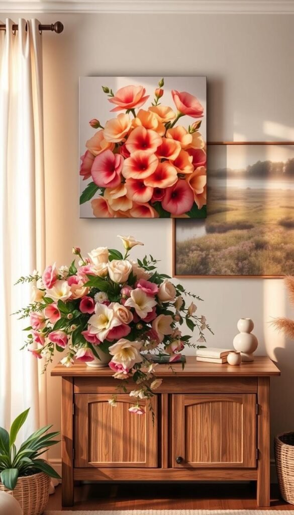 A cozy summer home decor scene brimming with vibrant floral arrangements. In the foreground, a wall-mounted floral canvas showcases lush blooms in warm hues, casting a soft, dreamlike glow. In the middle ground, a rustic wood console table displays a cascading bouquet of fragrant flowers, its petals illuminated by natural light filtering through sheer curtains. The background features a tranquil landscape painting, transporting the viewer to a serene summer garden. Warm lighting and a muted color palette evoke a sense of relaxation and nostalgia. The overall composition creates an inviting, nature-inspired atmosphere perfect for the "Floral Wall Art Ideas" section. A cozy summer home decor scene brimming with vibrant floral arrangements. In the foreground, a wall-mounted floral canvas showcases lush blooms in warm hues, casting a soft, dreamlike glow. In the middle ground, a rustic wood console table displays a cascading bouquet of fragrant flowers, its petals illuminated by natural light filtering through sheer curtains. The background features a tranquil landscape painting, transporting the viewer to a serene summer garden. Warm lighting and a muted color palette evoke a sense of relaxation and nostalgia. The overall composition creates an inviting, nature-inspired atmosphere perfect for the "Floral Wall Art Ideas" section.