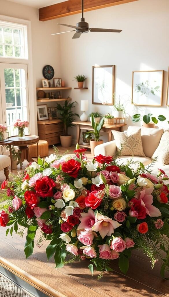A cozy summer home interior, bathed in warm natural light streaming through large windows. In the foreground, a meticulously styled coffee table displays an abundance of lush, vibrant floral arrangements in a variety of hues - rich reds, soft pinks, delicate whites, and verdant greens. The middle ground features tastefully decorated shelves and end tables, accented with more floral decor and complementary accessories. In the background, a plush, inviting sofa and armchair invite relaxation, surrounded by potted plants and delicate botanical wall art. The overall mood is one of serene, natural beauty, perfectly capturing the essence of "Choosing the Right Floral Palette" for a summer home. A cozy summer home interior, bathed in warm natural light streaming through large windows. In the foreground, a meticulously styled coffee table displays an abundance of lush, vibrant floral arrangements in a variety of hues - rich reds, soft pinks, delicate whites, and verdant greens. The middle ground features tastefully decorated shelves and end tables, accented with more floral decor and complementary accessories. In the background, a plush, inviting sofa and armchair invite relaxation, surrounded by potted plants and delicate botanical wall art. The overall mood is one of serene, natural beauty, perfectly capturing the essence of "Choosing the Right Floral Palette" for a summer home.