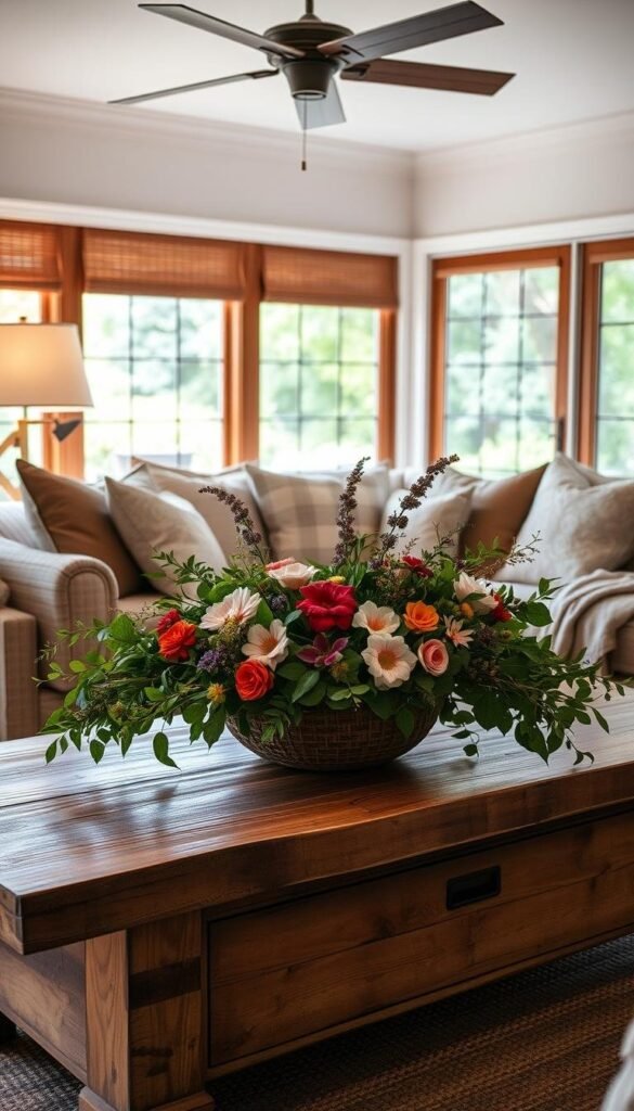A cozy summer living room adorned with an artful arrangement of seasonal decor. In the foreground, a rustic wooden coffee table displays an eye-catching centerpiece of lush greenery, vibrant flowers, and soft textiles. Ambient lighting casts a warm, inviting glow, while in the middle ground, plush throw pillows and a cozy blanket invite guests to relax. The background features a large window overlooking a verdant outdoor scene, creating a seamless flow between indoor and outdoor spaces. The overall mood is one of effortless elegance and laid-back sophistication, perfect for hosting memorable summer gatherings. A cozy summer living room adorned with an artful arrangement of seasonal decor. In the foreground, a rustic wooden coffee table displays an eye-catching centerpiece of lush greenery, vibrant flowers, and soft textiles. Ambient lighting casts a warm, inviting glow, while in the middle ground, plush throw pillows and a cozy blanket invite guests to relax. The background features a large window overlooking a verdant outdoor scene, creating a seamless flow between indoor and outdoor spaces. The overall mood is one of effortless elegance and laid-back sophistication, perfect for hosting memorable summer gatherings.