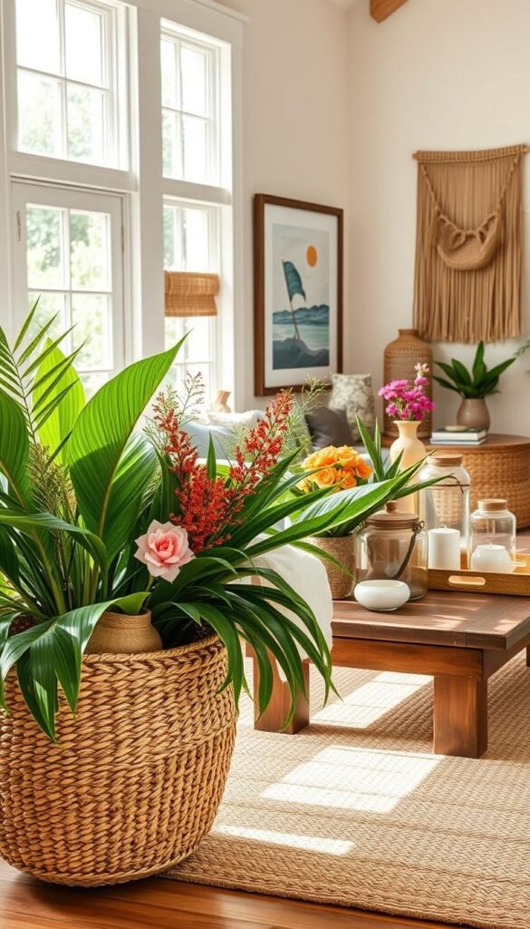 A cozy summer living room with natural light streaming through large windows, highlighting a collection of artfully arranged decor accessories. In the foreground, a woven seagrass basket overflows with lush tropical greenery and vibrant floral arrangements. Atop a rustic wooden coffee table, a mix of ceramic vases, woven trays, and glass hurricane lanterns create a layered, textural display. Framed wall art with abstract beach motifs and natural fiber wall hangings add warmth and character to the middle ground. In the background, a plush jute area rug and an earthy, neutral color palette evoke a serene, laid-back ambiance, perfect for a summer retreat. A cozy summer living room with natural light streaming through large windows, highlighting a collection of artfully arranged decor accessories. In the foreground, a woven seagrass basket overflows with lush tropical greenery and vibrant floral arrangements. Atop a rustic wooden coffee table, a mix of ceramic vases, woven trays, and glass hurricane lanterns create a layered, textural display. Framed wall art with abstract beach motifs and natural fiber wall hangings add warmth and character to the middle ground. In the background, a plush jute area rug and an earthy, neutral color palette evoke a serene, laid-back ambiance, perfect for a summer retreat.