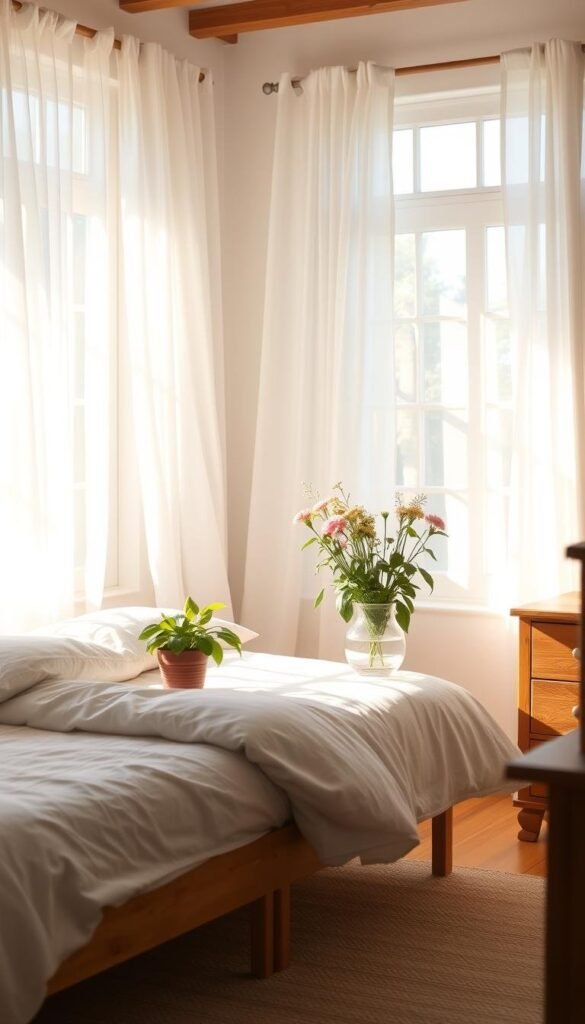 A cozy, sun-dappled bedroom with airy white linens and sheer curtains that let natural light flood the space. Potted plants and a vase of fresh wildflowers on a wooden nightstand, casting soft shadows. Warm-toned wooden furniture, including a low-profile bed frame and dresser. Filtered sunlight streams through the windows, creating a gentle, luminous atmosphere. A plush area rug in natural tones anchors the room. The scene exudes a serene, rejuvenating summer ambiance perfect for peaceful slumber. A cozy, sun-dappled bedroom with airy white linens and sheer curtains that let natural light flood the space. Potted plants and a vase of fresh wildflowers on a wooden nightstand, casting soft shadows. Warm-toned wooden furniture, including a low-profile bed frame and dresser. Filtered sunlight streams through the windows, creating a gentle, luminous atmosphere. A plush area rug in natural tones anchors the room. The scene exudes a serene, rejuvenating summer ambiance perfect for peaceful slumber.