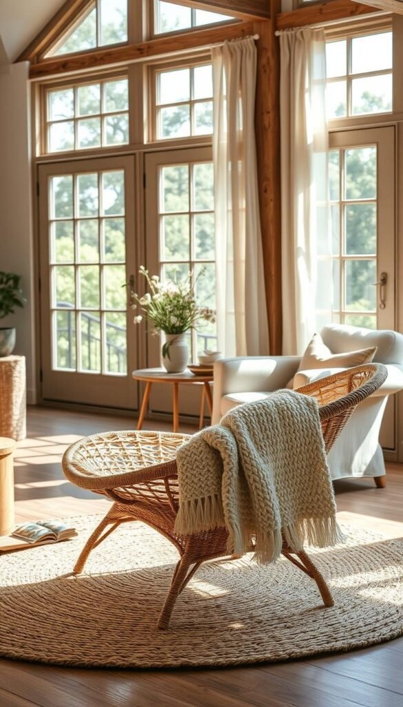 A cozy, sun-drenched natural summer home interior, featuring an abundance of textural elements. In the foreground, a woven rattan lounge chair sits atop a plush sisal rug, with a soft knitted throw draped over the armrest. In the middle ground, a wooden side table displays a vase of fresh wildflowers, complemented by a linen-upholstered armchair. The background showcases large windows letting in warm natural light, framed by airy linen curtains. The overall atmosphere evokes a serene, earthy ambiance, perfect for a summer retreat.