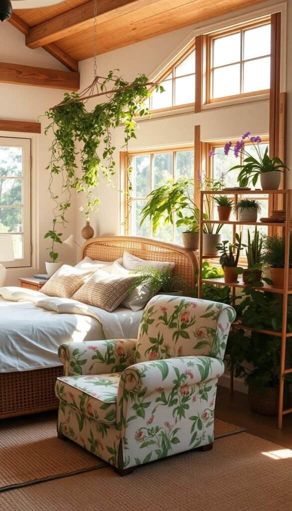 A cozy, sun-drenched summer bedroom with natural wood accents, lush greenery, and a soft, airy vibe. Sunlight streams through wide-open windows, casting a warm glow on the natural linen bedding, woven rattan nightstands, and a rustic wooden headboard adorned with a cascading display of trailing vines and vibrant wildflowers. In the foreground, a plush, overstuffed armchair upholstered in a cheerful botanical print sits beside a floor-to-ceiling shelving unit filled with abundant plants and natural décor elements. The overall atmosphere evokes a sense of calm, serenity, and a seamless integration with the breezy, outdoor environment. A cozy, sun-drenched summer bedroom with natural wood accents, lush greenery, and a soft, airy vibe. Sunlight streams through wide-open windows, casting a warm glow on the natural linen bedding, woven rattan nightstands, and a rustic wooden headboard adorned with a cascading display of trailing vines and vibrant wildflowers. In the foreground, a plush, overstuffed armchair upholstered in a cheerful botanical print sits beside a floor-to-ceiling shelving unit filled with abundant plants and natural décor elements. The overall atmosphere evokes a sense of calm, serenity, and a seamless integration with the breezy, outdoor environment.