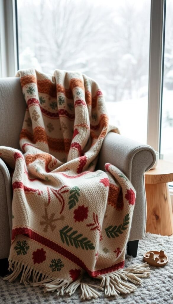 A cozy throw blanket draped over a plush armchair, its soft texture and warm hues inviting a winter's snuggle. In the foreground, the blanket's pattern showcases a mix of seasonal motifs - pine branches, snowflakes, and a touch of holiday red. The middle ground features a rustic wood side table, providing a natural contrast. Beyond, a large window reveals a snow-dusted landscape, bathed in soft, diffused lighting that creates a serene, hygge-inspired atmosphere. The composition emphasizes the importance of scale, highlighting how the dimensions of a throw blanket can transform a simple chair into a cozy winter oasis. A cozy throw blanket draped over a plush armchair, its soft texture and warm hues inviting a winter's snuggle. In the foreground, the blanket's pattern showcases a mix of seasonal motifs - pine branches, snowflakes, and a touch of holiday red. The middle ground features a rustic wood side table, providing a natural contrast. Beyond, a large window reveals a snow-dusted landscape, bathed in soft, diffused lighting that creates a serene, hygge-inspired atmosphere. The composition emphasizes the importance of scale, highlighting how the dimensions of a throw blanket can transform a simple chair into a cozy winter oasis.
