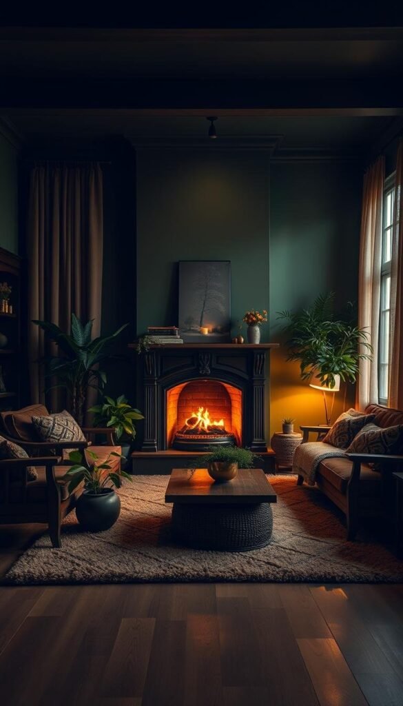 A cozy, warm-lit living room interior bathed in deep, earthy tones. The walls are painted in a rich, mossy green, complemented by dark wooden furniture and a plush, textured area rug in shades of brown and beige. A large, ornate fireplace in the center casts a soft, golden glow, illuminating the space. Lush, verdant potted plants adorn the room, adding pops of vibrant greenery. Soft, ambient lighting filters through sheer, earthy-toned curtains, creating a serene and inviting atmosphere. A sense of rustic elegance pervades the scene, evoking the natural, earthy beauty of the autumn season. A cozy, warm-lit living room interior bathed in deep, earthy tones. The walls are painted in a rich, mossy green, complemented by dark wooden furniture and a plush, textured area rug in shades of brown and beige. A large, ornate fireplace in the center casts a soft, golden glow, illuminating the space. Lush, verdant potted plants adorn the room, adding pops of vibrant greenery. Soft, ambient lighting filters through sheer, earthy-toned curtains, creating a serene and inviting atmosphere. A sense of rustic elegance pervades the scene, evoking the natural, earthy beauty of the autumn season.