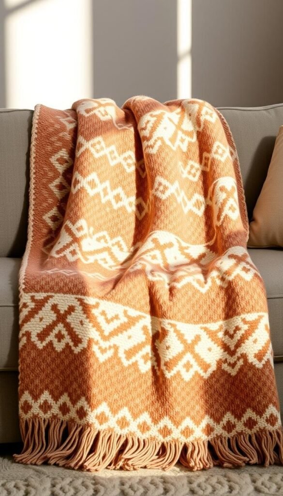 A cozy, warm-toned throw blanket with a trendy, woven pattern in a medium tone. The pattern features a balanced combination of geometric shapes, organic curves, and subtle texture, creating an elevated yet inviting design. The blanket is artfully draped over a plush, neutral-colored sofa, casting soft, diffused lighting across the surface. The overall scene conveys a sense of hygge, with the blanket's pattern adding a touch of modern sophistication to the cozy, winter-inspired setting. A cozy, warm-toned throw blanket with a trendy, woven pattern in a medium tone. The pattern features a balanced combination of geometric shapes, organic curves, and subtle texture, creating an elevated yet inviting design. The blanket is artfully draped over a plush, neutral-colored sofa, casting soft, diffused lighting across the surface. The overall scene conveys a sense of hygge, with the blanket's pattern adding a touch of modern sophistication to the cozy, winter-inspired setting.