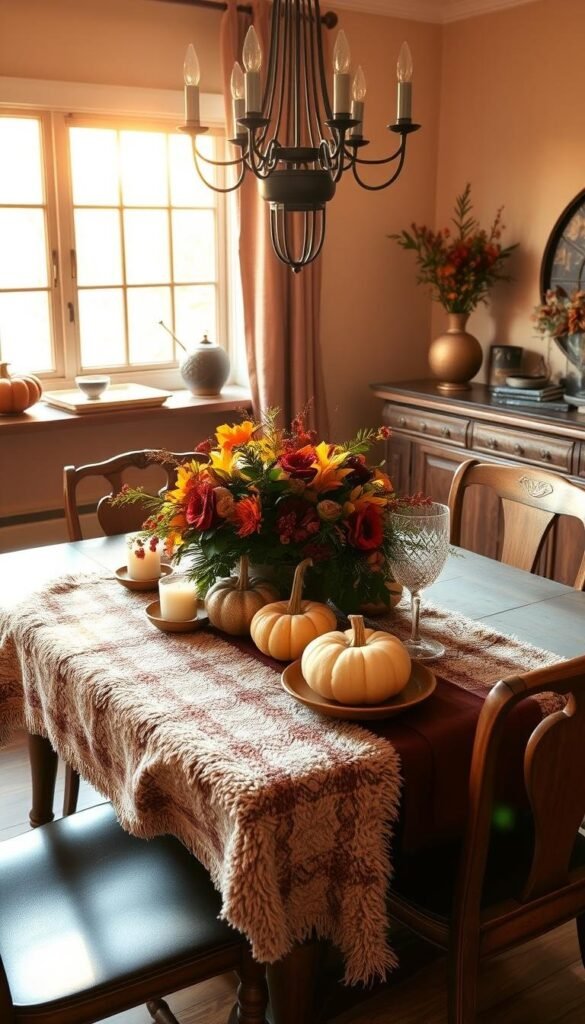 A cozy, well-appointed autumn dining room, bathed in warm, golden light from a large window. The table is adorned with a plush, patterned runner, complemented by a cluster of votive candles, gourds, and a vibrant fall floral arrangement. Earthy tones of ochre, burgundy, and forest green dominate the color palette, accented by touches of copper and brass. Wooden chairs, a rustic sideboard, and a statement chandelier complete the inviting, organic ambiance, capturing the essence of a seasonal, effortless elegance.