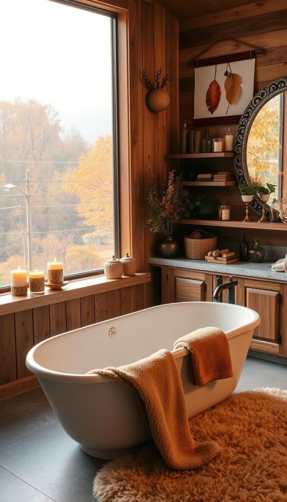 A cozy, well-appointed bathroom with a warm, autumnal ambiance. In the foreground, a freestanding bathtub surrounded by plush, earthy-toned towels and a luxurious, soft rug. On the vanity, an ornate mirror reflects the flickering glow of a trio of decorative fall-scented candles - their flames casting a golden light across the scene. Along the shelves, an array of elegant glass diffusers release the calming aroma of seasonal essential oils. The walls are adorned with rustic wooden panels and botanical wall hangings, while a large window overlooks a lush, wooded landscape bathed in the soft, hazy light of an autumn afternoon. The overall mood is one of serene, spa-like tranquility.