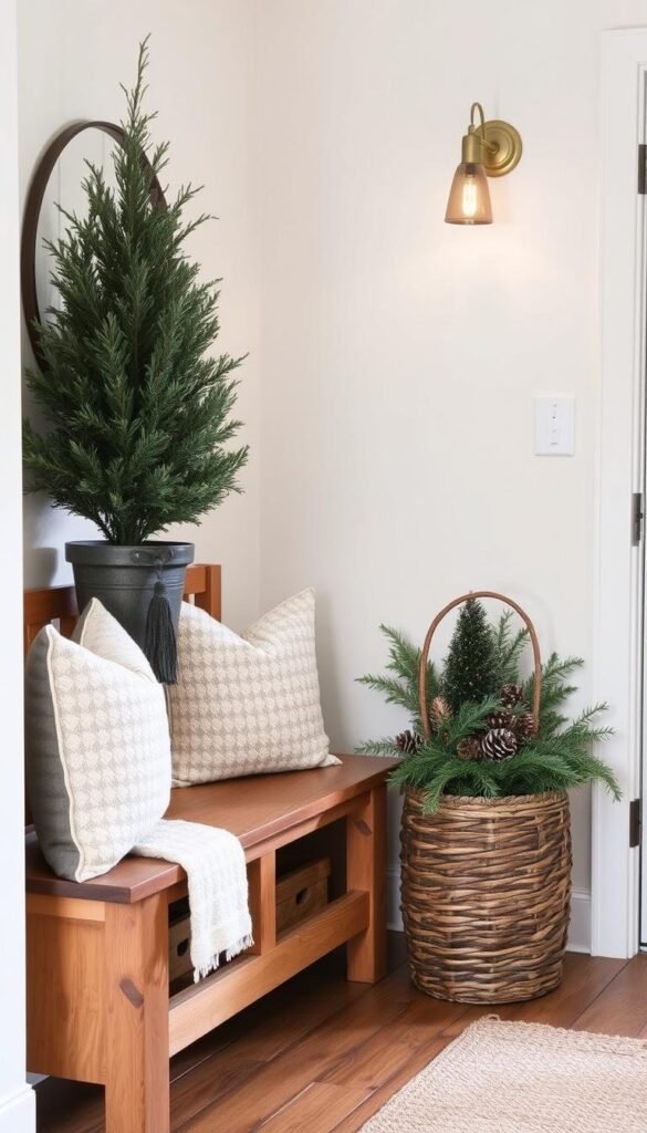 A cozy, well-designed entryway decorated for winter, featuring a sturdy wooden bench with plush cushions, a rustic hallway table displaying a potted evergreen, and a woven basket overflowing with pinecones and seasonal greenery. The space is softly lit by a brass wall sconce, casting a warm glow and highlighting the textures of the natural materials. The entryway's neutral color palette of whites, grays, and warm wood tones creates a inviting and functional atmosphere, perfect for welcoming guests during the colder months. A cozy, well-designed entryway decorated for winter, featuring a sturdy wooden bench with plush cushions, a rustic hallway table displaying a potted evergreen, and a woven basket overflowing with pinecones and seasonal greenery. The space is softly lit by a brass wall sconce, casting a warm glow and highlighting the textures of the natural materials. The entryway's neutral color palette of whites, grays, and warm wood tones creates a inviting and functional atmosphere, perfect for welcoming guests during the colder months.
