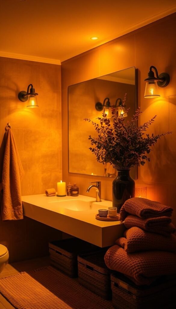A cozy, well-lit bathroom in autumn tones. Soft, warm lighting from sconces and candles, creating a soothing, intimate atmosphere. The vanity mirror reflects the gentle amber glow, complementing the earthy-toned tiles and wooden accents. Lush, autumnal greenery in a vase on the counter adds a touch of nature. The scene is bathed in a flattering, golden-hour-inspired light, casting inviting shadows that accentuate the space's architectural details. A plush, textured bathmat and fluffy towels in autumn hues complete the cozy, retreat-like ambiance.