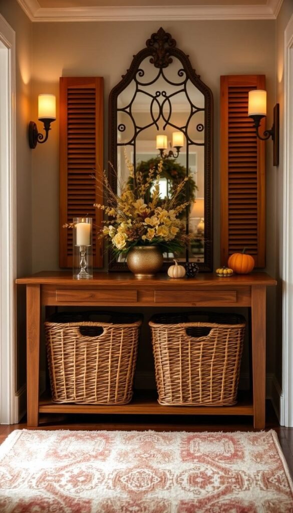 A cozy, well-lit foyer in an autumn-inspired palette. In the foreground, a solid wood console table with a pair of oversized wicker baskets beneath, providing ample storage for scarves, gloves, and other seasonal essentials. On the table, a lush, natural-toned floral arrangement complemented by a pair of warm-toned candles. Along the walls, decorative wooden shutters or sconces cast a soft, ambient glow. The middle ground features a plush, patterned area rug leading the eye toward the background, where an ornate mirror reflects the foyer's warm, inviting atmosphere. Subtle, autumnal accents like dried leaves, pinecones, or gourds add refined, seasonal flair. A cozy, well-lit foyer in an autumn-inspired palette. In the foreground, a solid wood console table with a pair of oversized wicker baskets beneath, providing ample storage for scarves, gloves, and other seasonal essentials. On the table, a lush, natural-toned floral arrangement complemented by a pair of warm-toned candles. Along the walls, decorative wooden shutters or sconces cast a soft, ambient glow. The middle ground features a plush, patterned area rug leading the eye toward the background, where an ornate mirror reflects the foyer's warm, inviting atmosphere. Subtle, autumnal accents like dried leaves, pinecones, or gourds add refined, seasonal flair.