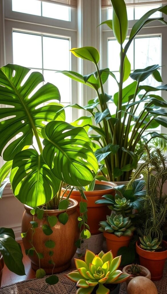 A cozy, well-lit indoor scene showcasing a variety of thriving, hardy houseplants. In the foreground, a lush, verdant Monstera deliciosa with broad, tropical leaves cascading from a mid-century modern planter. Behind it, a sculptural ZZ plant with thick, waxy stems and shiny green foliage. In the middle ground, a cluster of resilient succulents - jade, echeveria, and burro's tail - each displaying their unique textures and shapes. Soft, natural lighting filters in through large windows, casting a warm, inviting glow and creating gentle shadows that accentuate the plants' forms. The overall mood is serene, calming, and perfect for a winter living space. A cozy, well-lit indoor scene showcasing a variety of thriving, hardy houseplants. In the foreground, a lush, verdant Monstera deliciosa with broad, tropical leaves cascading from a mid-century modern planter. Behind it, a sculptural ZZ plant with thick, waxy stems and shiny green foliage. In the middle ground, a cluster of resilient succulents - jade, echeveria, and burro's tail - each displaying their unique textures and shapes. Soft, natural lighting filters in through large windows, casting a warm, inviting glow and creating gentle shadows that accentuate the plants' forms. The overall mood is serene, calming, and perfect for a winter living space.