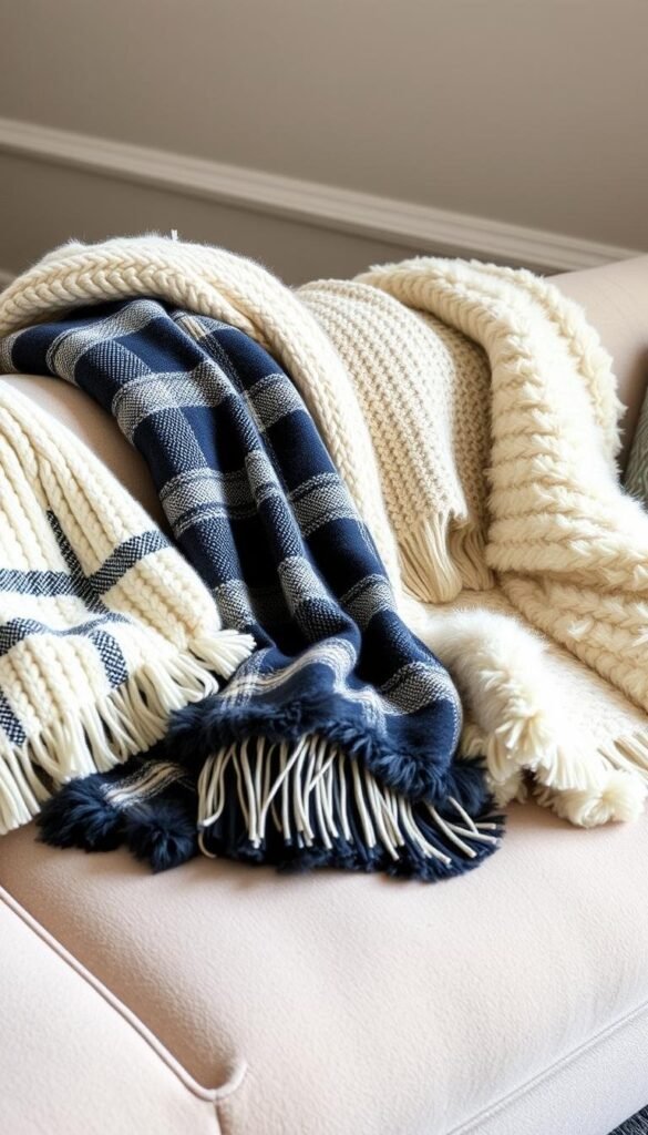 A cozy, well-lit indoor scene showcasing an assortment of high-quality, luxurious throw blankets arranged on a plush, neutral-toned sofa. The blankets feature a variety of textures and patterns, including soft, chunky knits, woven plaids, and fluffy faux furs in muted winter tones like ivory, gray, and navy. The scene radiates a sense of warmth and comfort, with soft, diffused lighting gently illuminating the fabrics. The camera angle is slightly elevated, capturing the throw blankets in an inviting, snuggle-worthy display. A cozy, well-lit indoor scene showcasing an assortment of high-quality, luxurious throw blankets arranged on a plush, neutral-toned sofa. The blankets feature a variety of textures and patterns, including soft, chunky knits, woven plaids, and fluffy faux furs in muted winter tones like ivory, gray, and navy. The scene radiates a sense of warmth and comfort, with soft, diffused lighting gently illuminating the fabrics. The camera angle is slightly elevated, capturing the throw blankets in an inviting, snuggle-worthy display.