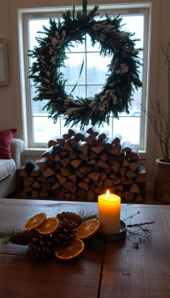 A cozy, well-lit living room, adorned with homemade winter decorations. In the foreground, a rustic wooden table displays an arrangement of pinecones, dried citrus slices, and a solitary candle flickering warmly. The middle ground features a plush, snow-dusted evergreen wreath hanging above a neatly stacked pile of firewood. In the background, a large window provides a scenic view of a snowy landscape, casting a soft, natural glow throughout the space. The overall atmosphere is one of simplicity, warmth, and the joy of handcrafted seasonal embellishments. A cozy, well-lit living room, adorned with homemade winter decorations. In the foreground, a rustic wooden table displays an arrangement of pinecones, dried citrus slices, and a solitary candle flickering warmly. The middle ground features a plush, snow-dusted evergreen wreath hanging above a neatly stacked pile of firewood. In the background, a large window provides a scenic view of a snowy landscape, casting a soft, natural glow throughout the space. The overall atmosphere is one of simplicity, warmth, and the joy of handcrafted seasonal embellishments.