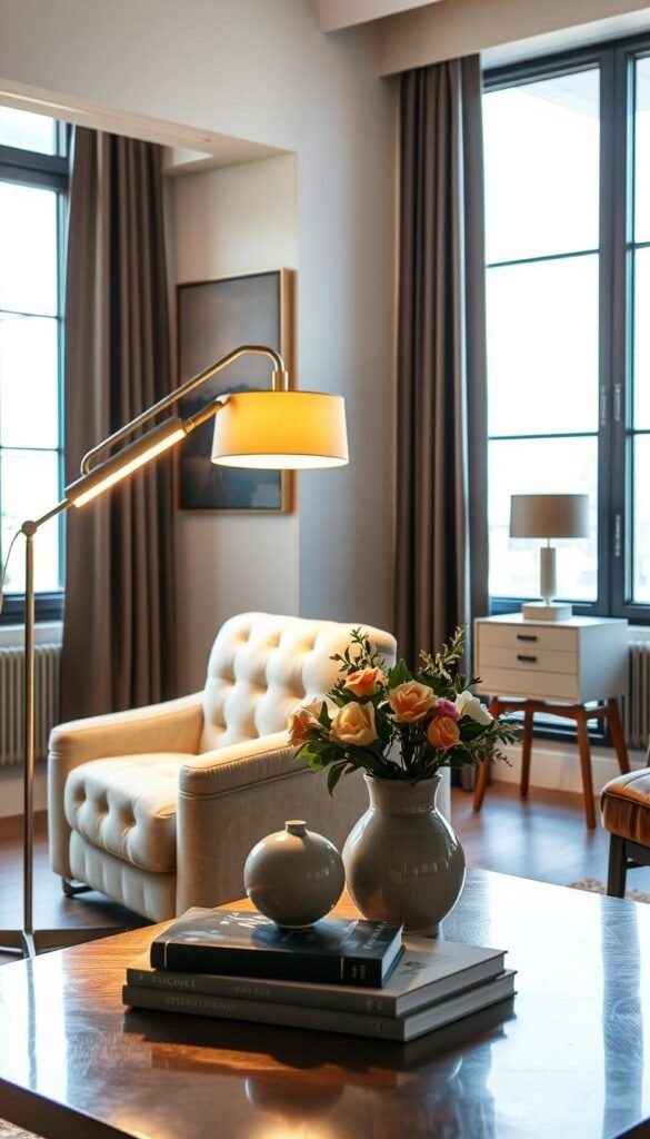 A cozy, well-lit living room with a mix of stylish and modern accessories. In the foreground, a sleek floor lamp casts a warm glow over a plush, tufted armchair. On the coffee table, a sculptural ceramic vase holds fresh flowers, complemented by a stack of artfully arranged books. On the wall, an abstract painting in muted tones adds a touch of elegance. The middle ground features a mid-century inspired side table with a minimalist table lamp and a few decorative objects. In the background, large windows allow natural light to flood the space, creating a serene and inviting atmosphere. A cozy, well-lit living room with a mix of stylish and modern accessories. In the foreground, a sleek floor lamp casts a warm glow over a plush, tufted armchair. On the coffee table, a sculptural ceramic vase holds fresh flowers, complemented by a stack of artfully arranged books. On the wall, an abstract painting in muted tones adds a touch of elegance. The middle ground features a mid-century inspired side table with a minimalist table lamp and a few decorative objects. In the background, large windows allow natural light to flood the space, creating a serene and inviting atmosphere.