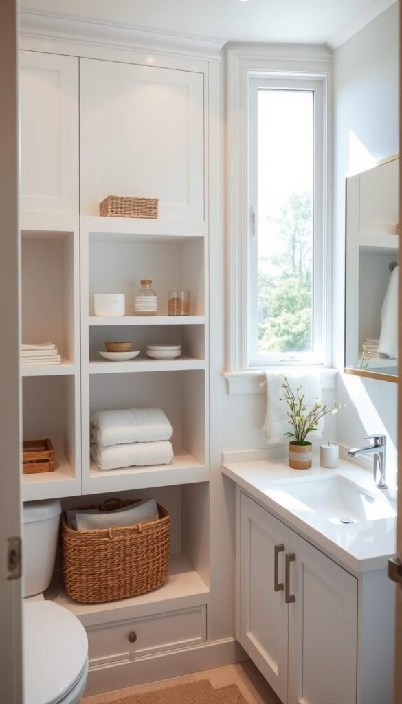 A cozy, well-organized bathroom with bright natural lighting cascading through a large window, illuminating the sleek, minimalist storage solutions. Crisp white walls and vanity provide a clean backdrop, complemented by natural wood accents and a woven basket for towels. Recessed shelves tastefully display decorative items, while a mirrored cabinet offers ample hidden storage space. The overall atmosphere is fresh, relaxing, and inviting - a serene sanctuary perfectly suited for a summer getaway. A cozy, well-organized bathroom with bright natural lighting cascading through a large window, illuminating the sleek, minimalist storage solutions. Crisp white walls and vanity provide a clean backdrop, complemented by natural wood accents and a woven basket for towels. Recessed shelves tastefully display decorative items, while a mirrored cabinet offers ample hidden storage space. The overall atmosphere is fresh, relaxing, and inviting - a serene sanctuary perfectly suited for a summer getaway.