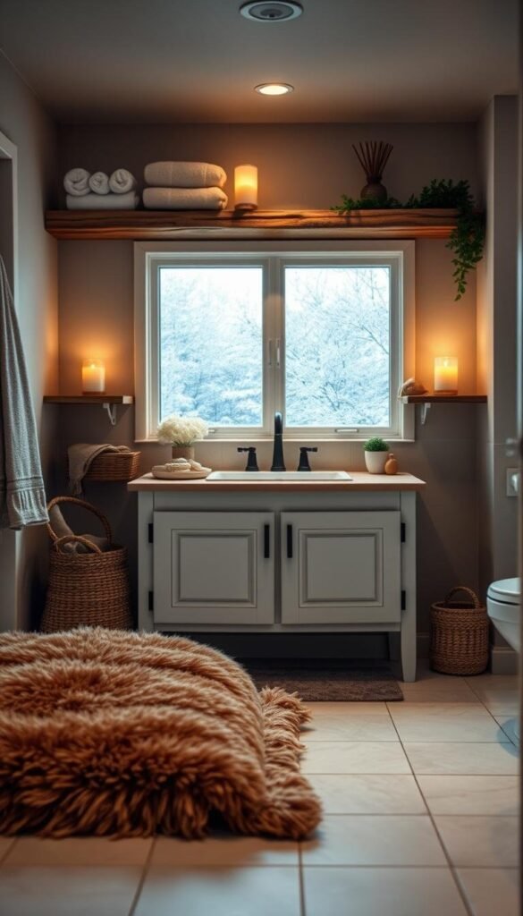 A cozy winter bathroom oasis, soft lighting illuminates a well-organized vanity with rustic wooden shelves, adorned with fluffy towels, candles, and a touch of greenery. In the foreground, a plush rug in earthy tones rests on the tiled floor, while the background features a frosty window overlooking a snowy landscape. The atmosphere is serene and inviting, perfect for starting the day with a sense of warmth and functionality. A cozy winter bathroom oasis, soft lighting illuminates a well-organized vanity with rustic wooden shelves, adorned with fluffy towels, candles, and a touch of greenery. In the foreground, a plush rug in earthy tones rests on the tiled floor, while the background features a frosty window overlooking a snowy landscape. The atmosphere is serene and inviting, perfect for starting the day with a sense of warmth and functionality.