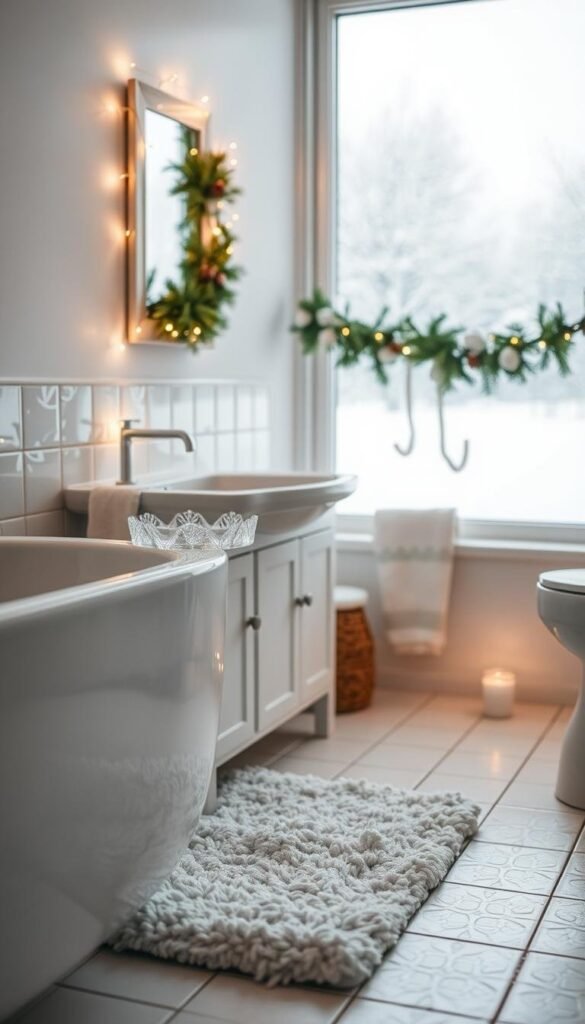 A cozy winter bathroom scene with a soft, muted color palette. In the foreground, a plush bath mat in a wintery pattern, like snowflakes or pine trees, rests on the tiled floor. On the vanity, an elegant, crystal-adorned soap dish and a hand towel with a subtle icy design. Delicate string lights shine a warm glow, casting a gentle ambiance throughout the space. Framing the mirror, a garland of evergreen branches and pinecones. In the background, a snow-covered landscape visible through the frosted window, evoking a tranquil, serene atmosphere. The overall mood is inviting, calming, and infused with the essence of the winter season. A cozy winter bathroom scene with a soft, muted color palette. In the foreground, a plush bath mat in a wintery pattern, like snowflakes or pine trees, rests on the tiled floor. On the vanity, an elegant, crystal-adorned soap dish and a hand towel with a subtle icy design. Delicate string lights shine a warm glow, casting a gentle ambiance throughout the space. Framing the mirror, a garland of evergreen branches and pinecones. In the background, a snow-covered landscape visible through the frosted window, evoking a tranquil, serene atmosphere. The overall mood is inviting, calming, and infused with the essence of the winter season.
