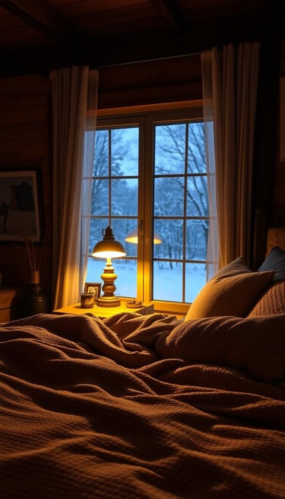 A cozy winter bedroom bathed in a warm, ambient glow. The foreground features a plush, textured comforter in muted tones, accented by soft throw pillows and a rustic wooden nightstand. Gentle light emanates from a vintage-inspired table lamp, casting a golden hue across the scene. In the middle ground, a large window overlooks a snowy landscape, the dim daylight filtering through sheer curtains. The background showcases a mix of natural wood tones and exposed brick, creating a harmonious, inviting atmosphere perfect for lazy mornings and frosty nights.