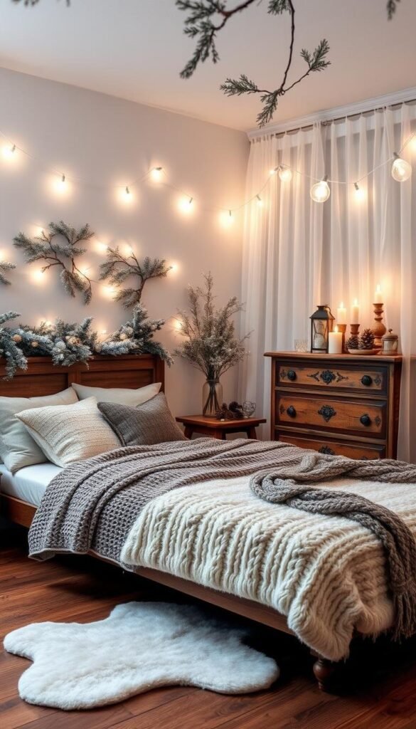 A cozy winter bedroom, the walls adorned with snow-dusted pine branches, string lights casting a warm glow. On the bed, plush pillows and a chunky knit blanket invite relaxation. A sheepskin rug softens the hardwood floor, while a vintage wooden dresser stands tall, its surface decorated with pinecones and candles. Soft ambient lighting filters through sheer curtains, creating a serene and inviting atmosphere. The scene exudes a sense of comfort and tranquility, perfectly capturing the essence of a winter retreat.