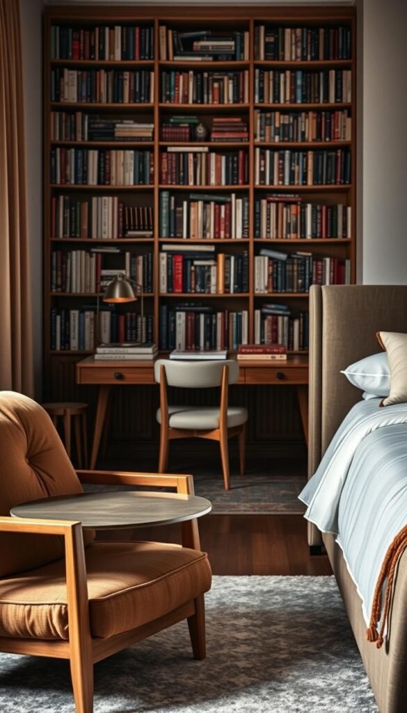 A cozy winter bedroom with a plush armchair and a sleek side table in the foreground, both crafted from natural wood and lush fabrics. In the middle ground, a minimalist yet functional writing desk with drawers and a sturdy chair, bathed in soft, warm lighting. In the background, a tall bookshelf filled with eclectic volumes, creating a sense of intellectual and aesthetic harmony. The overall atmosphere is one of comfort, practicality, and refined elegance, perfect for lazy mornings and frosty nights.