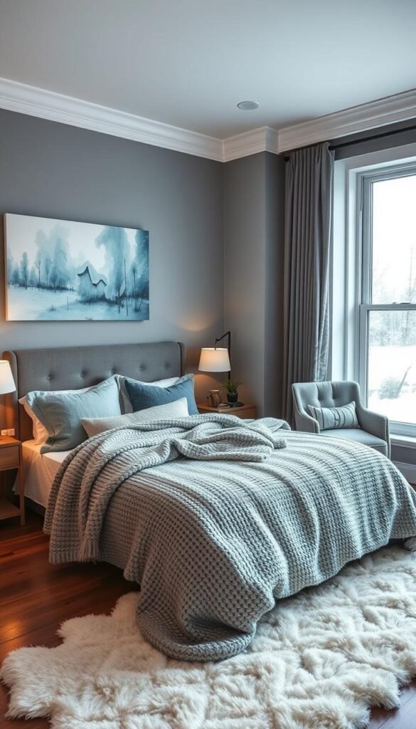 A cozy winter bedroom with a serene color palette of soft blues, muted grays, and warm whites. The room features a plush king-sized bed draped in heavy, knitted blankets and flanked by nightstands with glowing table lamps. In the corner, an armchair is nestled beside a large window, offering a view of a snowy landscape outside. The walls are adorned with abstract art in shades of icy blue, and a fluffy, white rug covers the hardwood floor. The overall atmosphere is one of tranquility and coziness, inviting the viewer to curl up and enjoy a lazy winter morning.