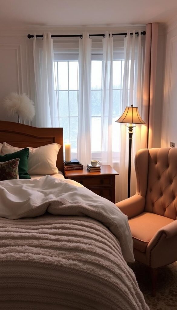 A cozy winter bedroom with plush, textured bedding in soft shades of gray and white. Warm accent pillows in shades of forest green and burgundy lie against a wood-paneled headboard. A vintage-inspired nightstand holds a flickering candle and a stack of antique books. Sheer curtains flutter gently, framing a snow-covered landscape outside the window. The light from a single floor lamp creates a warm, inviting glow, casting long shadows across the room. An elegant, high-backed armchair sits near the window, inviting one to curl up with a hot mug of tea and watch the winter weather unfold.