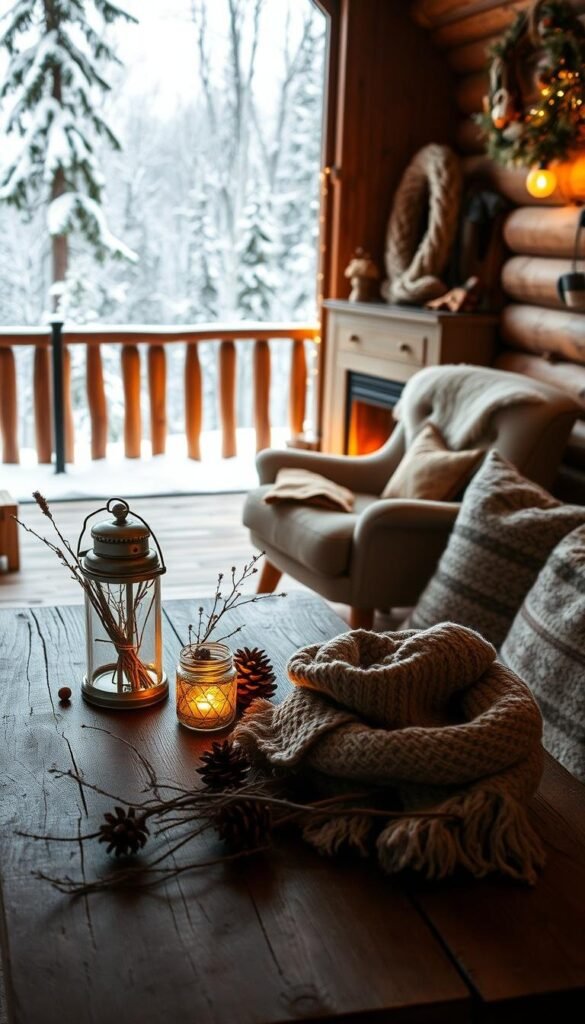 A cozy winter cabin nestled in a snowy forest, with warm lighting from a fireplace casting a soft glow. In the foreground, a rustic wooden table adorned with natural elements like pinecones, dried flowers, and a mason jar filled with twigs. Atop the table, a vintage-inspired lantern and a hand-knitted winter scarf. The middle ground features a plush, fur-lined armchair and a wooden bench, both accented with textured throw pillows. In the background, a large window overlooks the serene, snow-covered landscape outside. The overall scene evokes a sense of hygge and invites the viewer to imagine curling up in this peaceful, upcycled winter oasis. A cozy winter cabin nestled in a snowy forest, with warm lighting from a fireplace casting a soft glow. In the foreground, a rustic wooden table adorned with natural elements like pinecones, dried flowers, and a mason jar filled with twigs. Atop the table, a vintage-inspired lantern and a hand-knitted winter scarf. The middle ground features a plush, fur-lined armchair and a wooden bench, both accented with textured throw pillows. In the background, a large window overlooks the serene, snow-covered landscape outside. The overall scene evokes a sense of hygge and invites the viewer to imagine curling up in this peaceful, upcycled winter oasis.