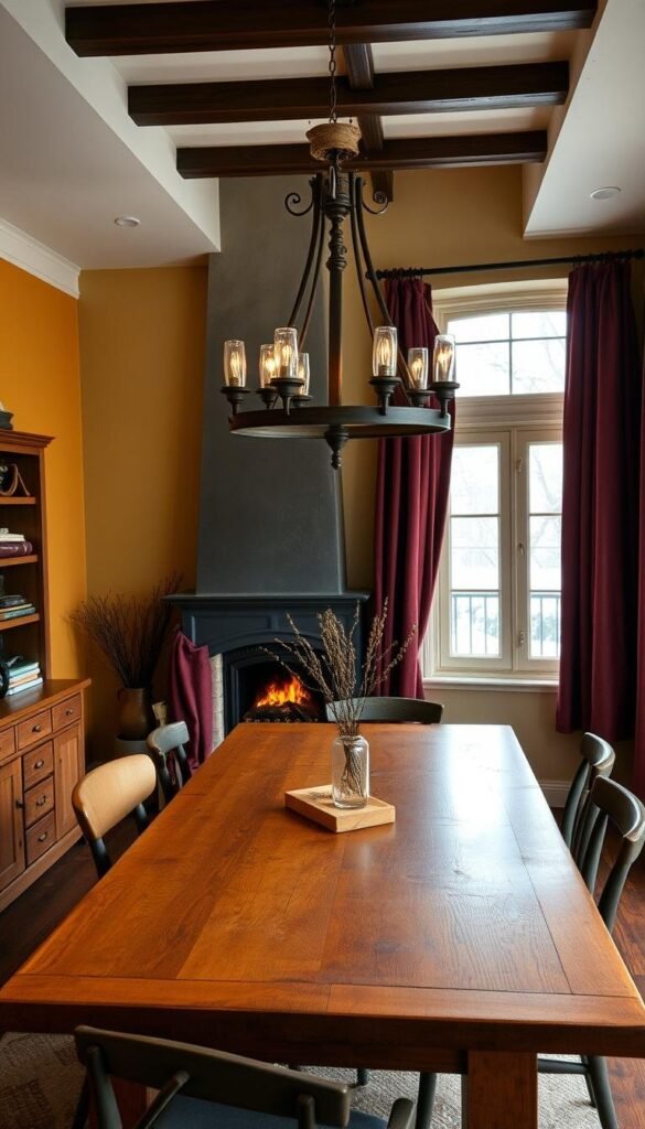 A cozy winter dining room, bathed in a warm, earthy color palette. Soft, muted tones of ochre, mustard, and olive green adorn the walls, complemented by rich, burgundy curtains that frame the window. A sturdy, wooden table takes center stage, surrounded by mismatched chairs in varying shades of brown and gray. Overhead, a rustic, wrought-iron chandelier casts a gentle, ambient glow, illuminating the space with a sense of hygge. In the background, a crackling fireplace adds a touch of coziness, while the soft, muted daylight filters in, creating a serene and inviting atmosphere.