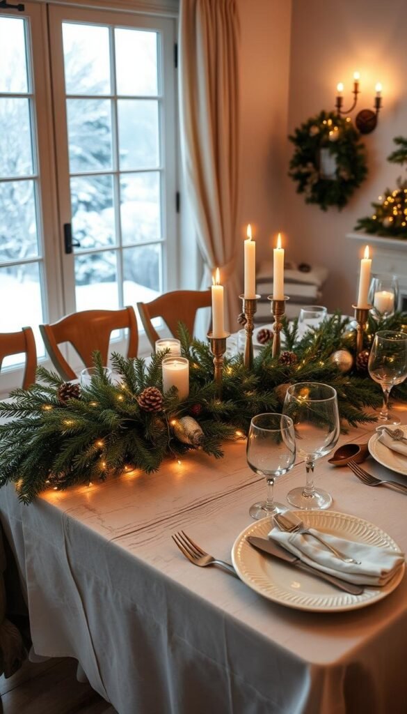 A cozy winter dining room setting, with a rustic wooden table dressed in a crisp white tablecloth. The table is adorned with a lush garland of evergreen boughs, pinecones, and twinkling string lights, casting a warm, festive glow. Elegant place settings feature gleaming silver cutlery, delicate china, and crystal stemware. Flickering candlelight dances across the scene, creating a soft, intimate atmosphere. In the background, a large window offers a view of a snow-covered landscape, while the room is illuminated by a mix of soft, diffused natural light and the gentle glow of sconces. The overall mood is one of welcoming comfort and holiday charm.