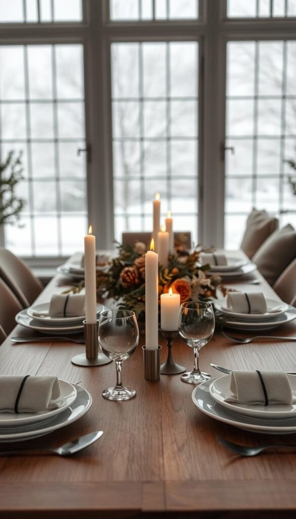A cozy winter dining room with a beautifully set table. In the foreground, a modern, minimalist tableware set with clean lines and a muted color palette - stark white plates, brushed steel cutlery, and delicate glassware. Candles flicker gently, casting a warm, intimate glow across the scene. In the middle ground, a central arrangement of seasonal foliage and dried florals, subtly accenting the tableware. The background is a softly blurred view of a snowy landscape, visible through large windows, suggesting a tranquil, frost-covered winter wonderland outside. The overall mood is one of understated elegance and refined, wintry sophistication.