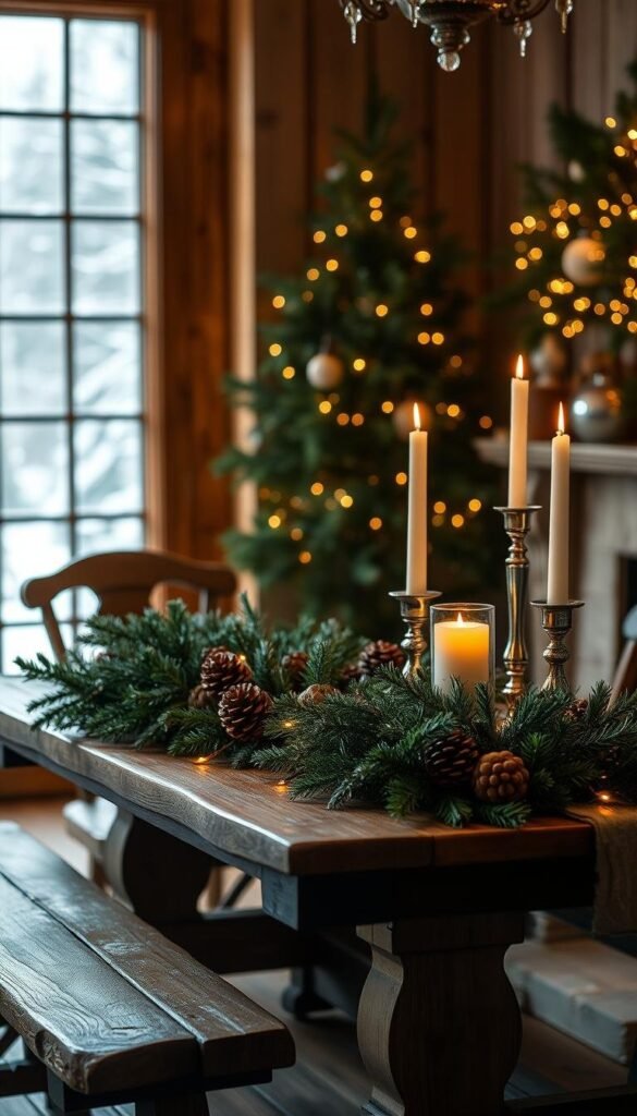 A cozy winter dining room with a rustic wooden table, adorned with a lush, evergreen garland, pinecones, and twinkling lights. Soft, warm lighting casts a gentle glow, complementing the natural textures of the room. Tall, slender candlesticks flicker, their flames dancing amidst the greenery. In the background, a large window frames a snowy, outdoor scene, blending the indoors and outdoors. The overall atmosphere is one of enchantment and serenity, perfect for a magical, winter dining experience.
