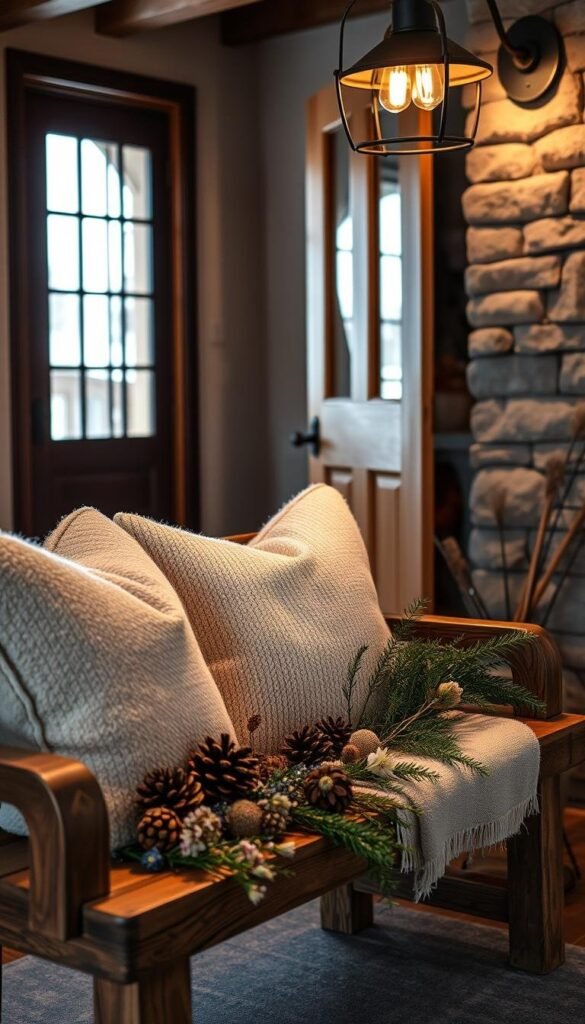 A cozy winter entryway with natural elements, captured in a warm, inviting light. In the foreground, a rustic wooden bench adorned with plush pillows and a soft fleece throw. Scattered across the bench, pinecones, dried flowers, and sprigs of evergreen foliage create a naturalistic display. In the middle ground, a half-open door frames a glimpse of the snowy landscape beyond, the soft light from within casting a gentle glow. The background features a stone or brick wall, its texture adding depth and character to the scene. Overhead, a simple yet elegant light fixture casts a warm, ambient glow, enhancing the cozy, welcoming atmosphere. A cozy winter entryway with natural elements, captured in a warm, inviting light. In the foreground, a rustic wooden bench adorned with plush pillows and a soft fleece throw. Scattered across the bench, pinecones, dried flowers, and sprigs of evergreen foliage create a naturalistic display. In the middle ground, a half-open door frames a glimpse of the snowy landscape beyond, the soft light from within casting a gentle glow. The background features a stone or brick wall, its texture adding depth and character to the scene. Overhead, a simple yet elegant light fixture casts a warm, ambient glow, enhancing the cozy, welcoming atmosphere.