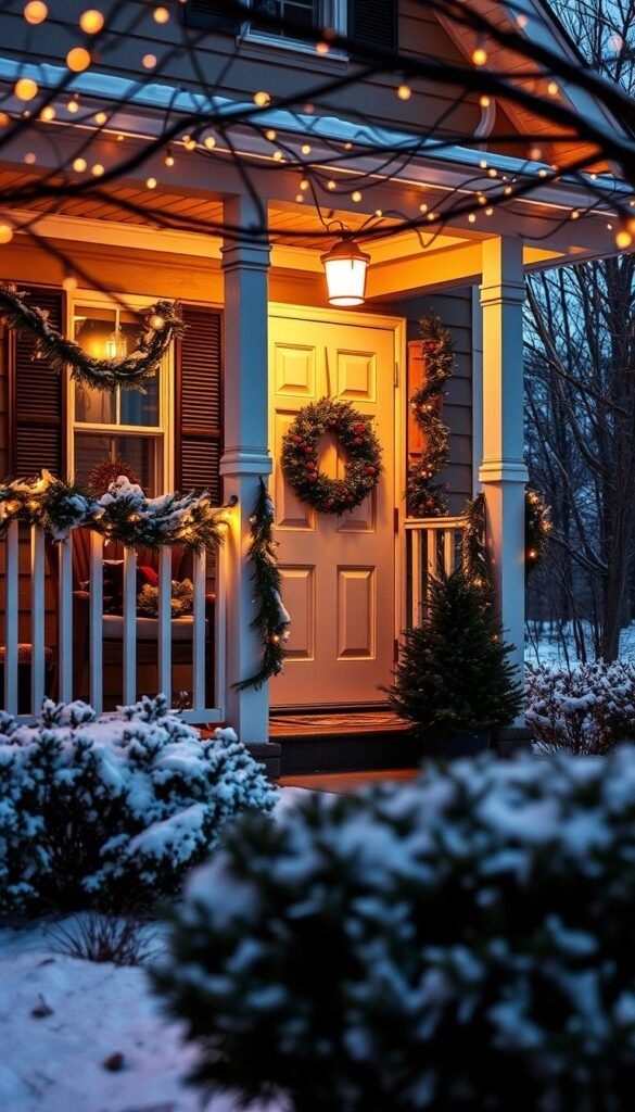 A cozy winter home, its exterior adorned with a delicate display of twinkling string lights. The warm glow casts a soft, inviting ambiance, illuminating the festive décor - garlands draped over the porch railings, a wintry wreath hanging on the door, and potted evergreens flanking the entryway. The scene is framed by a snowy landscape, with a gentle dusting of white covering the ground and the bare trees in the distance. The camera captures this intimate, enchanting moment, inviting the viewer to step inside and experience the magic of the season. A cozy winter home, its exterior adorned with a delicate display of twinkling string lights. The warm glow casts a soft, inviting ambiance, illuminating the festive décor - garlands draped over the porch railings, a wintry wreath hanging on the door, and potted evergreens flanking the entryway. The scene is framed by a snowy landscape, with a gentle dusting of white covering the ground and the bare trees in the distance. The camera captures this intimate, enchanting moment, inviting the viewer to step inside and experience the magic of the season.