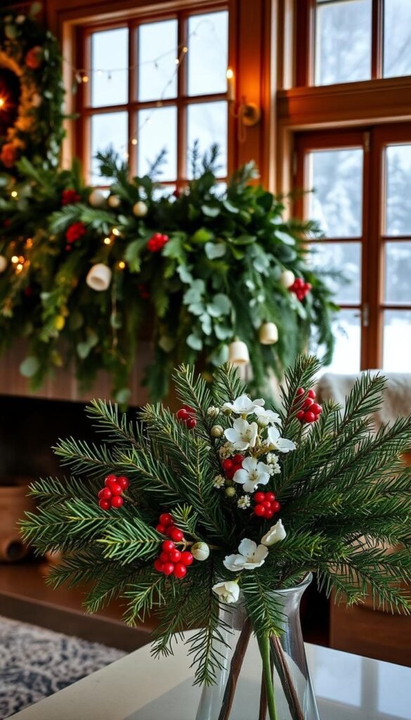A cozy winter interior, bathed in soft, warm lighting. In the foreground, an elegant arrangement of fresh pine sprigs, holly berries, and delicate white blooms, artfully composed in a simple glass vase. The middle ground features a mix of lush, evergreen foliage cascading from a mantel or side table, complemented by sprigs of fragrant eucalyptus and clusters of silvery-green leaves. In the background, a large window reveals a serene winter landscape, snowflakes drifting lazily outside. The overall atmosphere is one of rustic charm and natural, understated beauty, perfectly suited to the "Maintaining Freshness of Winter Flowers" section of the article. A cozy winter interior, bathed in soft, warm lighting. In the foreground, an elegant arrangement of fresh pine sprigs, holly berries, and delicate white blooms, artfully composed in a simple glass vase. The middle ground features a mix of lush, evergreen foliage cascading from a mantel or side table, complemented by sprigs of fragrant eucalyptus and clusters of silvery-green leaves. In the background, a large window reveals a serene winter landscape, snowflakes drifting lazily outside. The overall atmosphere is one of rustic charm and natural, understated beauty, perfectly suited to the "Maintaining Freshness of Winter Flowers" section of the article.