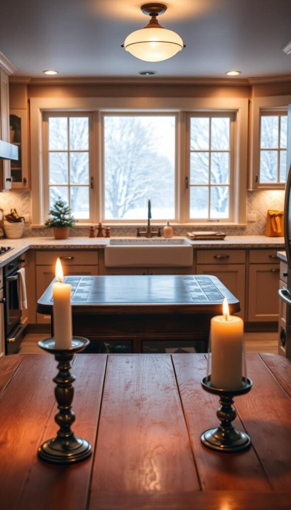 A cozy winter kitchen aglow with soft, warm lighting. The foreground features a wooden table with a simple, elegant table setting - a lone candle flickering, casting a gentle glow. In the middle ground, custom-built cabinetry with antique brass hardware lines the walls, radiating a inviting ambiance. The background showcases large, frosted windows overlooking a snowy landscape, allowing natural light to filter in and complement the artificial lighting. The overall mood is one of hygge - a sense of comfort, coziness and contentment perfect for the season.