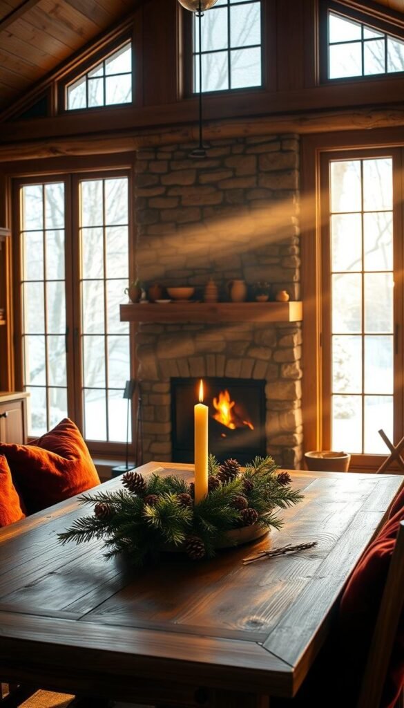 A cozy winter kitchen, bathed in warm, golden light streaming through large windows. In the foreground, a rustic wooden table is adorned with a centerpiece of pinecones, evergreen sprigs, and a single flickering candle. Plush, burgundy-hued cushions on the chairs invite guests to linger. In the middle ground, a stone fireplace crackles, casting a soft, ambient glow. Shelves above are filled with earthenware, complementing the natural, earthy palette. The background features frosted windowpanes, snow-dusted trees outside, and a sense of quiet, peaceful solitude, creating a welcoming, wintry atmosphere.