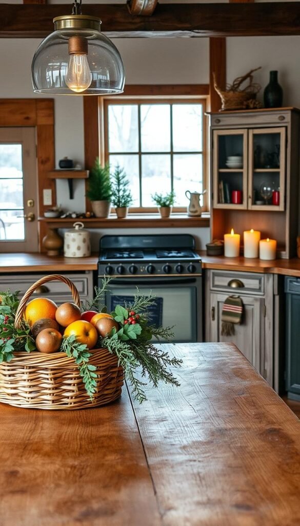 A cozy winter kitchen with a rustic charm. In the foreground, wicker baskets filled with fresh produce and seasonal foliage adorn a sturdy wooden table. The middle ground showcases a vintage-inspired oven and a weathered farmhouse-style hutch, both complemented by the warm glow of candlelight. In the background, a large window frames a snowy outdoor scene, casting a soft, natural light throughout the space. The overall atmosphere is one of functional elegance, where practicality and aesthetic blend seamlessly to create a welcoming, inviting ambiance.