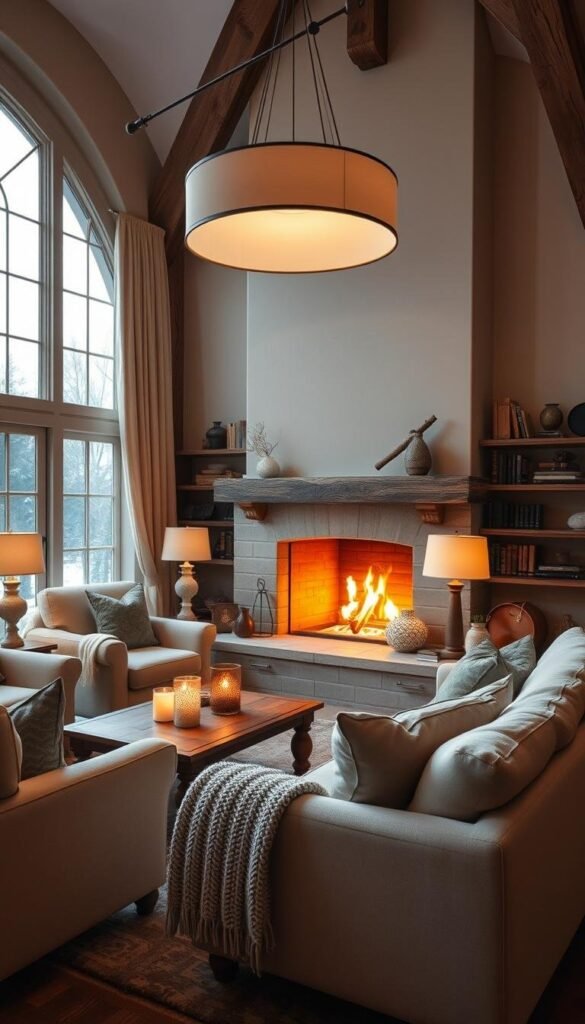 A cozy winter living room, bathed in a warm, flickering glow from a crackling fireplace. Plush, oversized armchairs and a soft, tufted sofa invite you to sink in and relax. Ambient lighting from table lamps and a large, inviting chandelier above cast a gentle, diffused illumination, creating a intimate, hygge-inspired atmosphere. Wooden accents, such as a rustic coffee table and shelving, add depth and texture, while a cozy, knitted throw and plush pillows complete the scene, making it feel welcoming and lived-in. The overall impression is one of comfort, tranquility, and a sense of retreat from the cold winter outside.