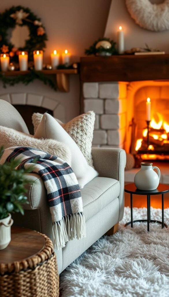 A cozy winter living room, bathed in warm, soft light from a crackling fireplace. Plush throw pillows and a fluffy rug adorn the scene, complemented by wooden accents and a touch of greenery from a potted plant. Candles flicker on the mantelpiece, casting a gentle glow and creating a serene, inviting atmosphere. A plaid blanket drapes elegantly over the arm of a comfortable armchair, while a decorative ceramic vase filled with pinecones sits on a side table. The room exudes a sense of hygge, blending rustic and modern elements to capture the essence of winter charm.