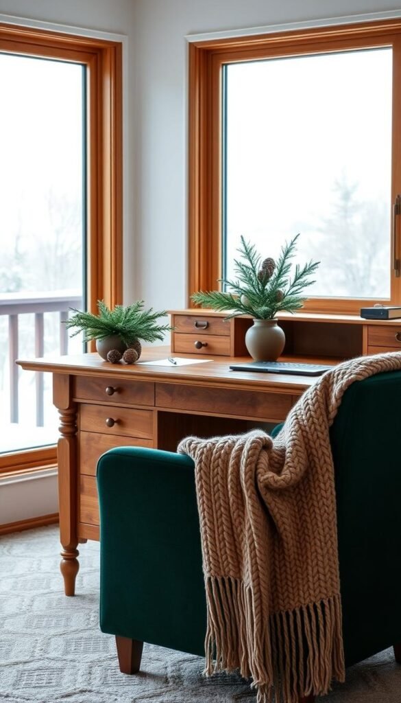 A cozy winter office scene with a warm wooden desk, a large window overlooking a snowy landscape, and a plush armchair in a deep emerald green. The room is bathed in soft, diffused lighting, creating a serene and inviting atmosphere. On the desk, a vase of fresh evergreen sprigs and pinecones adds a touch of natural, seasonal charm. A knitted throw blanket in a muted earth-toned palette is draped over the chair, inviting you to curl up and admire the winter wonderland outside. The overall color scheme embraces the rich, jewel-toned hues of the season, fostering a sense of coziness and inspiration.