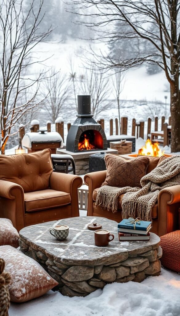 A cozy winter outdoor seating area, nestled in a picturesque snowy landscape. In the foreground, a plush, oversized armchair and a loveseat upholstered in a warm, earth-toned fabric, inviting visitors to sink in and savor the tranquil ambiance. Surrounding the seating, a scattering of plush throw pillows and a cozy knitted blanket, adding to the inviting, hygge-inspired atmosphere. In the middle ground, a stone or wooden coffee table, topped with a warm cup of hot cocoa and a stack of books, creating a harmonious blend of comfort and coziness. In the background, a gently falling snowfall, casting a soft, ethereal glow over the scene, and a flickering outdoor fireplace or fire pit, casting a warm, flickering light. The entire composition captures the essence of a charming, wintertime outdoor retreat, perfect for enjoying the beauty of the season. A cozy winter outdoor seating area, nestled in a picturesque snowy landscape. In the foreground, a plush, oversized armchair and a loveseat upholstered in a warm, earth-toned fabric, inviting visitors to sink in and savor the tranquil ambiance. Surrounding the seating, a scattering of plush throw pillows and a cozy knitted blanket, adding to the inviting, hygge-inspired atmosphere. In the middle ground, a stone or wooden coffee table, topped with a warm cup of hot cocoa and a stack of books, creating a harmonious blend of comfort and coziness. In the background, a gently falling snowfall, casting a soft, ethereal glow over the scene, and a flickering outdoor fireplace or fire pit, casting a warm, flickering light. The entire composition captures the essence of a charming, wintertime outdoor retreat, perfect for enjoying the beauty of the season.