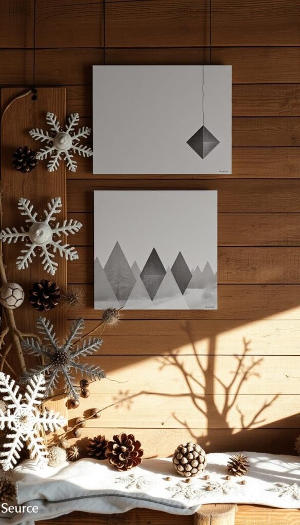 A cozy winter scene featuring a rustic wooden wall adorned with handcrafted DIY wall art. In the foreground, a collection of textured snowflakes, pinecones, and dried botanicals are artfully arranged, casting dynamic shadows on the wall. The middle ground showcases a series of minimalist, geometric shapes in muted winter hues, creating a captivating abstract pattern. The background is a soft, ethereal winter landscape, with a subtle glow from a warm lighting source to evoke a sense of tranquility and hygge. The overall composition exudes a harmonious blend of natural materials, geometric forms, and a serene, winter-inspired ambiance. A cozy winter scene featuring a rustic wooden wall adorned with handcrafted DIY wall art. In the foreground, a collection of textured snowflakes, pinecones, and dried botanicals are artfully arranged, casting dynamic shadows on the wall. The middle ground showcases a series of minimalist, geometric shapes in muted winter hues, creating a captivating abstract pattern. The background is a soft, ethereal winter landscape, with a subtle glow from a warm lighting source to evoke a sense of tranquility and hygge. The overall composition exudes a harmonious blend of natural materials, geometric forms, and a serene, winter-inspired ambiance.