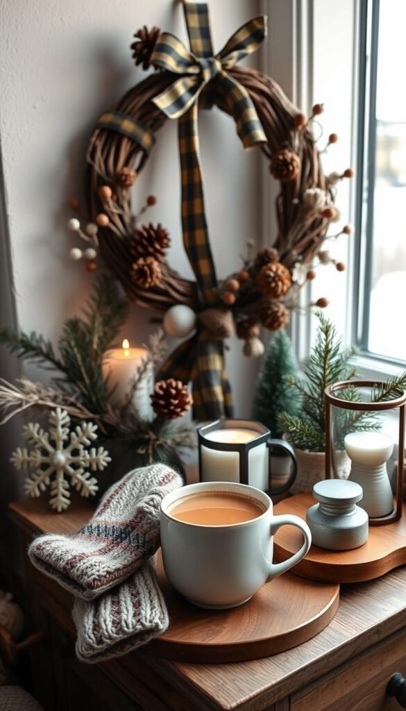 A cozy winter scene featuring a rustic wooden wreath adorned with pinecones, dried berries, and a plaid ribbon. In the foreground, a pair of knitted mittens and a mug of steaming hot cocoa sit atop a wooden side table. Surrounding the table, various winter-themed accents like a ceramic snowflake, a candle in a glass lantern, and a small potted evergreen create a warm, inviting atmosphere. Soft, diffused lighting from a nearby window casts a gentle glow, highlighting the natural textures and colors. The overall mood is one of hygge, inviting the viewer to pause and savor the simple pleasures of the season.