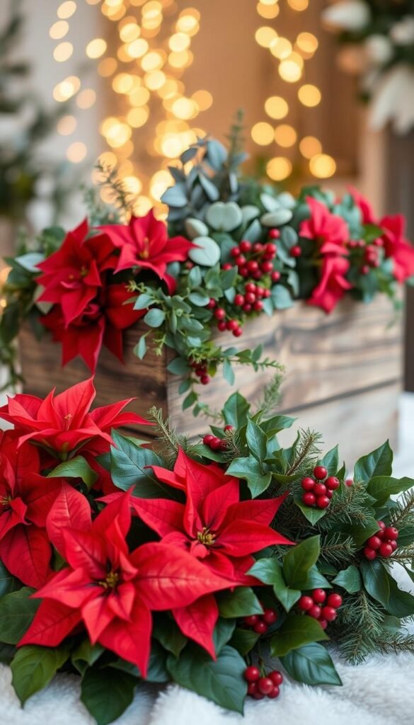 A cozy winter scene with a lush arrangement of holiday flowers and greenery. In the foreground, a bouquet of vibrant poinsettias, crimson amaryllis, and fragrant pine sprigs nestled amongst glossy holly leaves. The midground features a rustic wooden planter overflowing with cascading ivy, eucalyptus, and clusters of berries. In the background, a soft bokeh of twinkling fairy lights casts a warm, inviting glow. The overall composition evokes a sense of natural, festive elegance, perfect for elevating winter home decor. A cozy winter scene with a lush arrangement of holiday flowers and greenery. In the foreground, a bouquet of vibrant poinsettias, crimson amaryllis, and fragrant pine sprigs nestled amongst glossy holly leaves. The midground features a rustic wooden planter overflowing with cascading ivy, eucalyptus, and clusters of berries. In the background, a soft bokeh of twinkling fairy lights casts a warm, inviting glow. The overall composition evokes a sense of natural, festive elegance, perfect for elevating winter home decor.